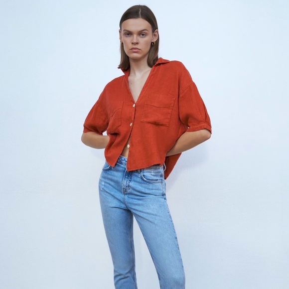 Zara Linen Blend Crop Shirt Button Down Short Sleeves Red-Orange - Picture 2 of 6
